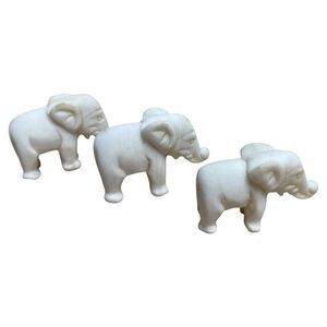 Set 3 Hand Carved White Marble Elephant Figurines Stone Mini Trunks Up Luck